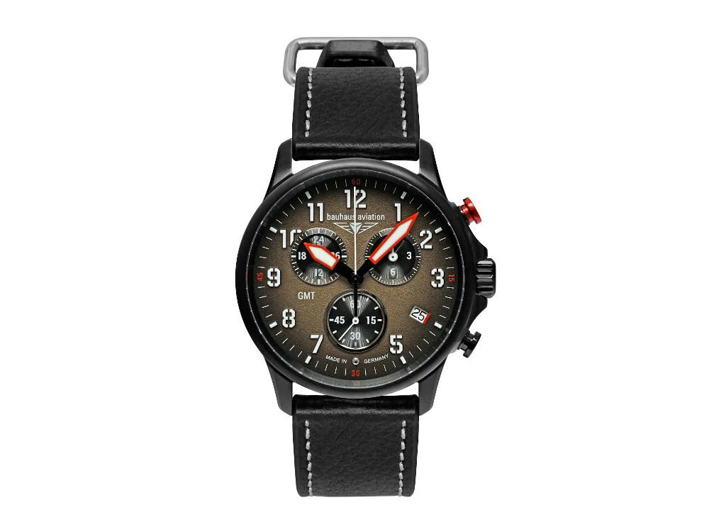Bauhaus Aviation Blackwing Quartz Watch, Brown, 42 mm, Chronograph, Day, 2886-1