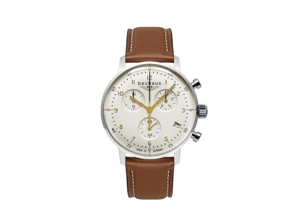 Bauhaus Aviation Dessau Quartz Watch, Beige, 41 mm, Chronograph, Day, 2096-1