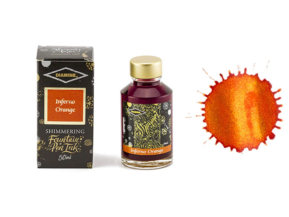 Diamine Shimmering Inferno Orange Ink Bottle, 50ml, Crystal
