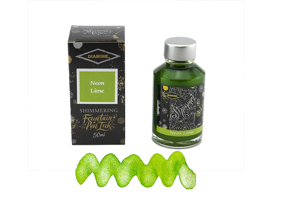 Diamine Shimmering Neon Lime Ink Bottle, 50ml., Crystal - Image 2