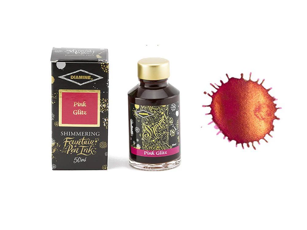Diamine Shimmering Pink Glitz Ink Bottle, 50ml, Crystal - Image 2