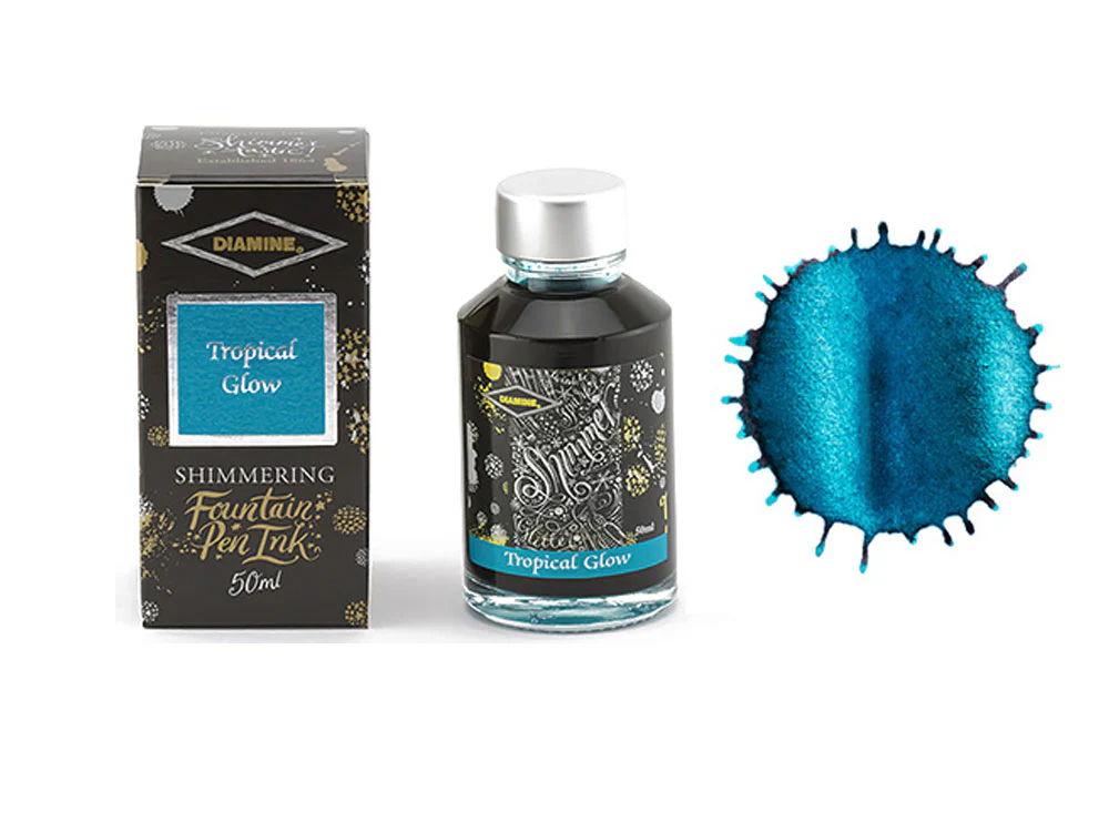 Diamine Shimmering Tropical Glow Ink Bottle, 50ml, Blue, Crystal - Image 2