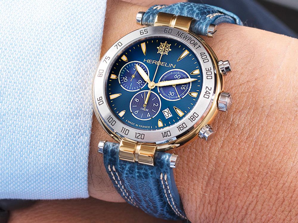 Herbelin Newport Quartz Watch, PVD Gold, Blue, 40 mm, Chronograph, 37654T35 - Image 5
