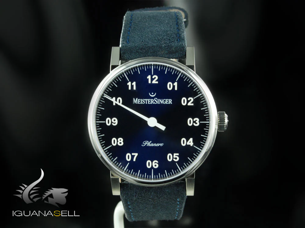 Meistersinger Phanero Watch, Manual winding, Blue sunburst, 35mm, Leather strap - Image 2