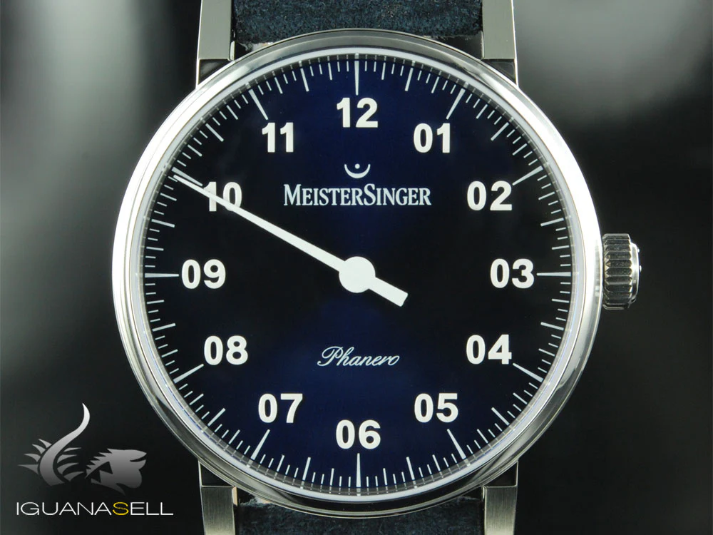 Meistersinger Phanero Watch, Manual winding, Blue sunburst, 35mm, Leather strap - Image 3