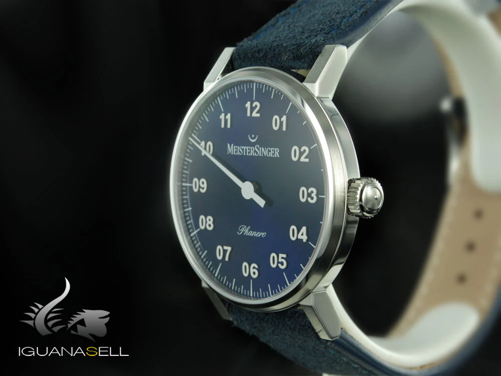 Meistersinger Phanero Watch, Manual winding, Blue sunburst, 35mm, Leather strap - Image 4