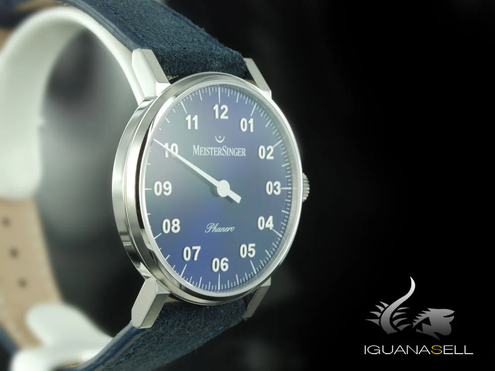 Meistersinger Phanero Watch, Manual winding, Blue sunburst, 35mm, Leather strap - Image 5