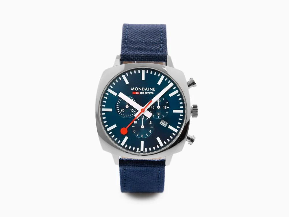 Mondaine Cushion Quartz Watch, Blue, 41 mm, Fabric strap, MSL.41440.LD.SET - Image 2