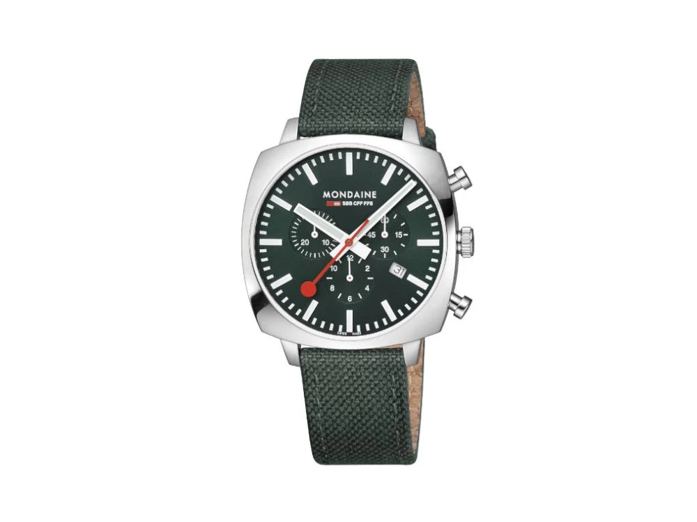 Mondaine Cushion Quartz Watch, Green, 41 mm, Fabric strap, MSL.41460.LF.SET - Image 2