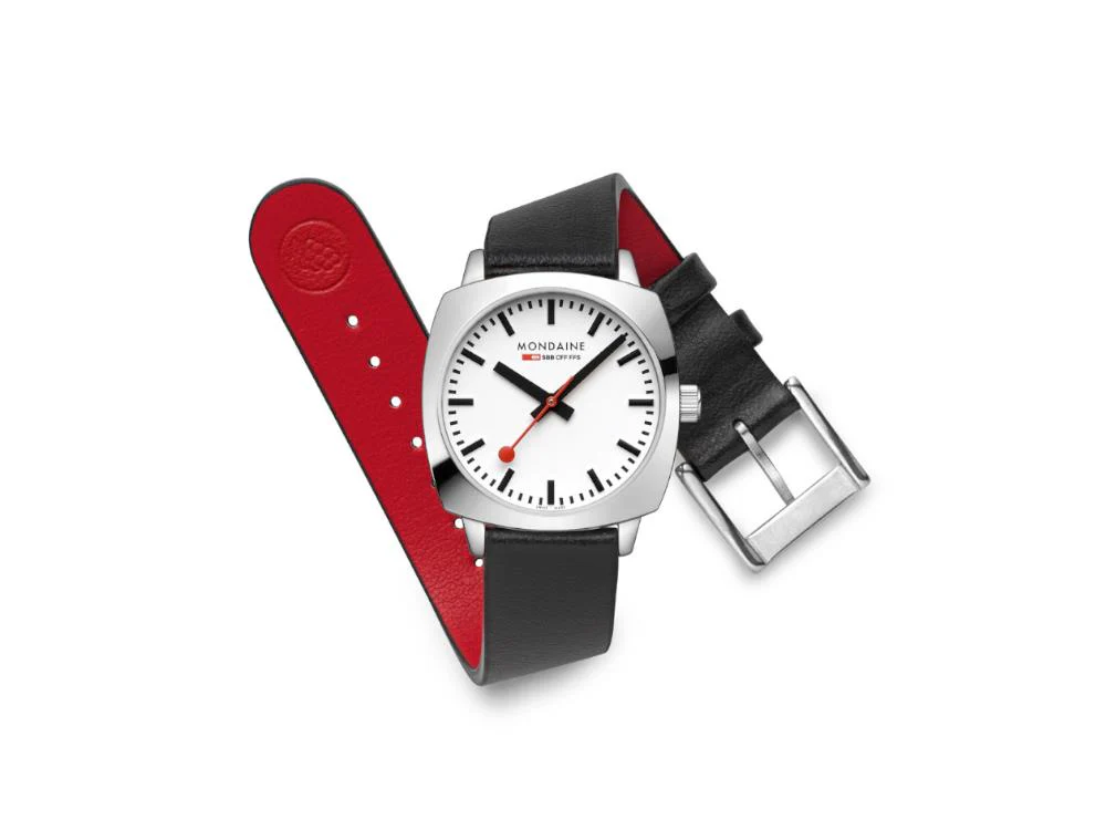 Mondaine Cushion Quartz Watch, White, 31 mm, Leather strap, MSL.31110.LBV - Image 4