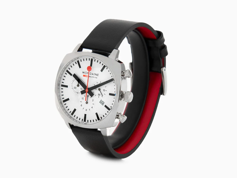 Mondaine Cushion Quartz Watch, White, 41 mm, Leather strap, MSL.41410.LBV.SET - Image 4