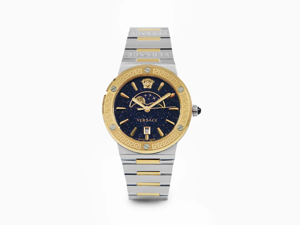 Versace Greca Logo Moonphase Quartz Watch, PVD Gold, Blue, 38 mm, VE7G00223 - Image 2