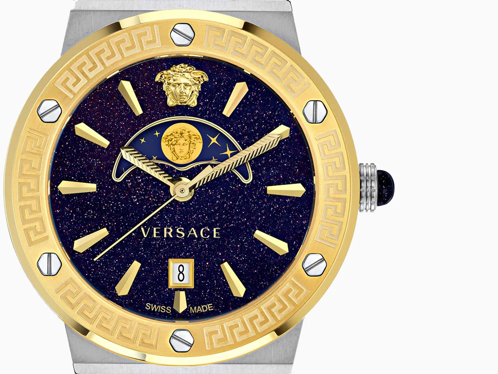 Versace Greca Logo Moonphase Quartz Watch, PVD Gold, Blue, 38 mm, VE7G00223 - Image 8