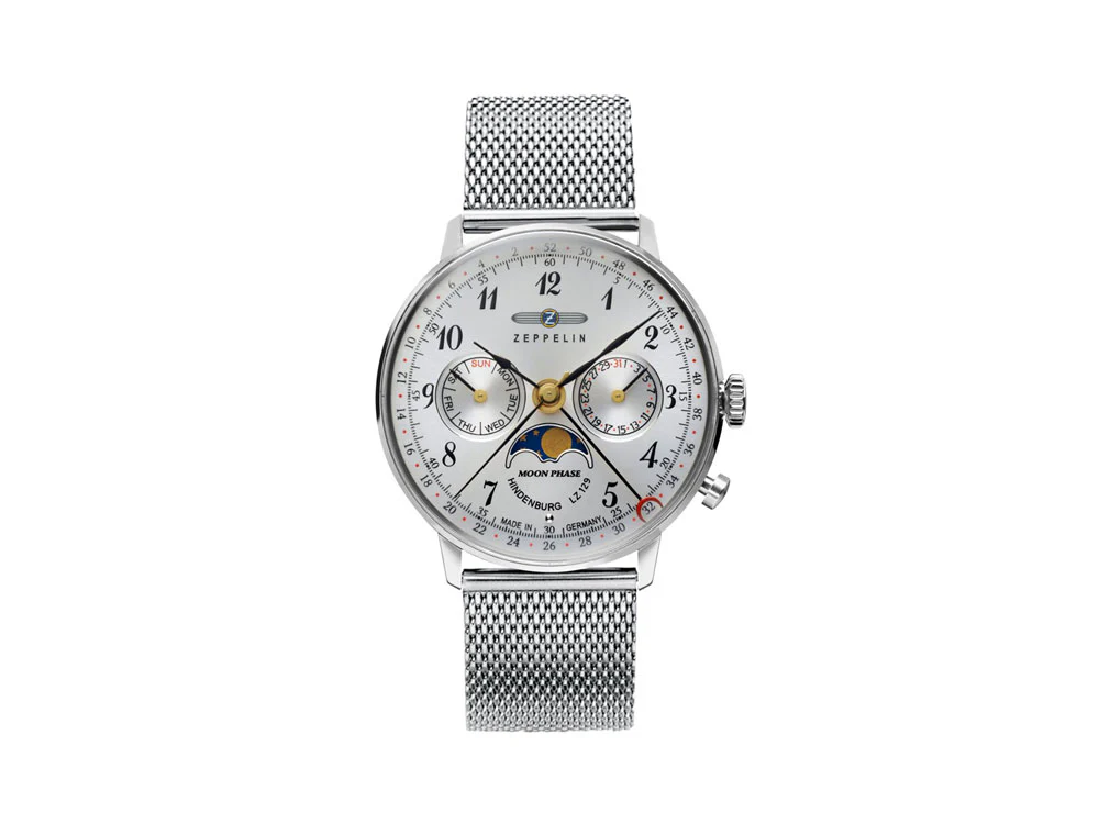Zeppelin LZ 129 Hindenburg Moonphase Lady Quartz Watch, Silver, 36 mm, 7037M-1
