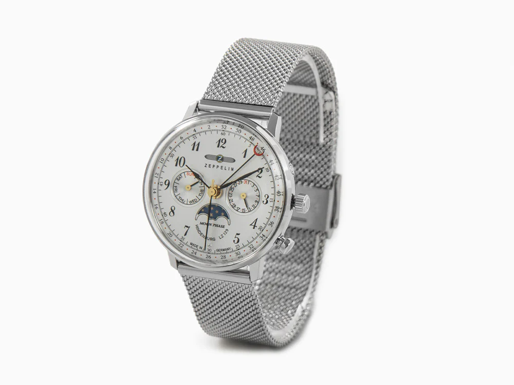 Zeppelin LZ 129 Hindenburg Moonphase Lady Quartz Watch, Silver, 36 mm, 7037M-1 - Image 4