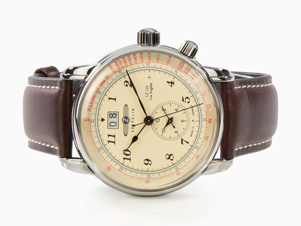 Zeppelin LZ126 Los Angeles Quartz Watch, Cream, 42 mm, GMT, Pulsemeter, 8644-5 - Image 7